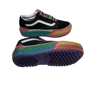 Vans Old School Black Stacked Glitter Rainbow Platform Lace Up Sneaker Shoes
